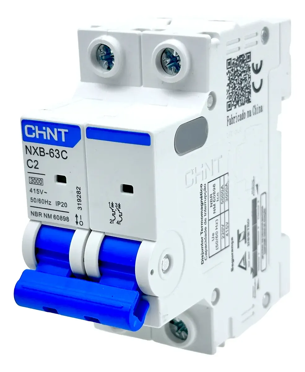Interruptor Termomagnético Riel Din 2 Polos 2 Amperes Curva C 6 kA - Chint - NXB-63 2P C2 - 814087