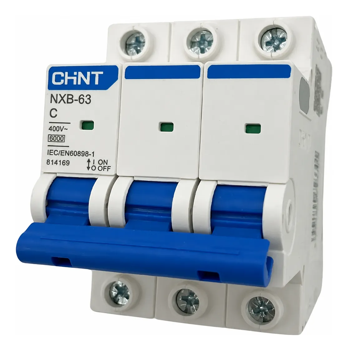 Interruptor Termomagnético Riel Din 3 Polos 32 Amperes Curva C 6 kA - Chint - NXB-63 3P C32 - 814173