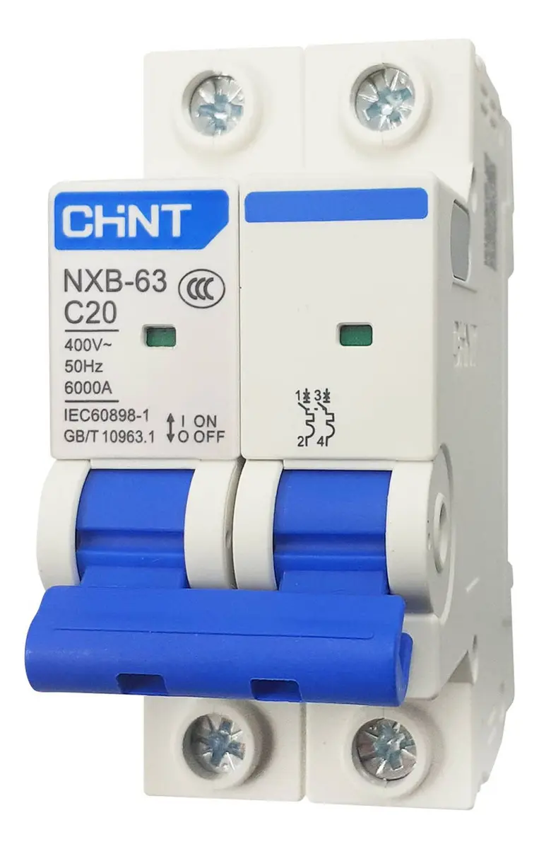 Interruptor Termomagnético Riel Din 2 Polos 20 Amperes Curva C 6 kA - Chint - NXB-63 2P C20 - 814093