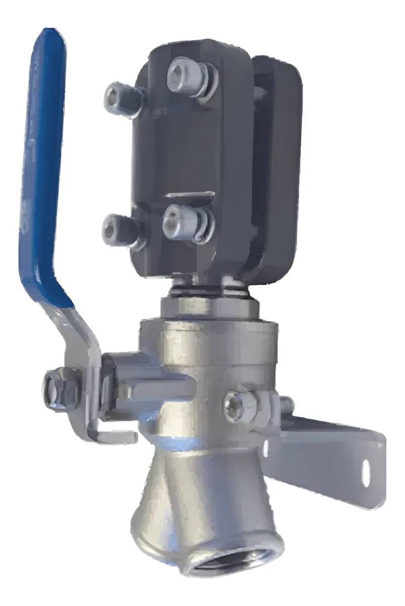 válvula de bola de bloqueo de 20 mm (3/4") a NPT hembra  de 1/2" con 2 puertos inclinados a 75º  con soporte de pared